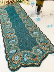 Embroidered Cotton <b>Table</b> <b>Runner</b> Floral Pattern Classic Style Washable Home Decor Green Beige - Product Image 5