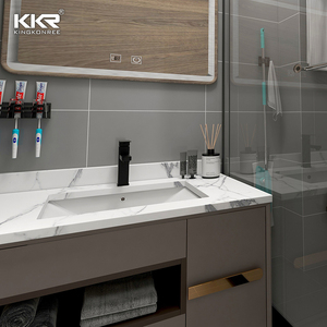 Lavabo in Marmo Lucidato Commerciale con 2 Rubinetti, Lavandino a Vasca Sospeso per Bagno con Doppio Lavabo - Product Image 5