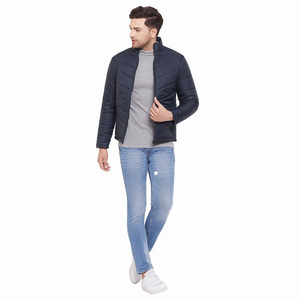 Men's Dark Blue Puffer Jacket Stand Collar <b>Covered</b> <b>Button</b> Closure Windproof Casual Regular Fit Polyester Wadding Patchwork - Product Image 2
