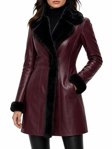 Women's Leather <b>Coat</b>, Lambskin Leather Jacket, <b>Fur</b> Collar Winter <b>Coat</b>, Long Fitted Wine Red <b>Trench</b> <b>Coat</b> - Product Image 4