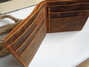 Cartera Bifold de Cuero Genuino para Hombre, Estilo Vintage, Hecha a Mano, Cierre Abierto, Impermeable, LW-0234 - Product Image 5