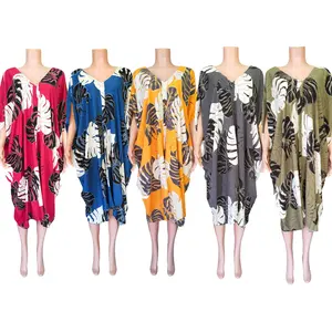 HOT Sale High Quality 100% Rayon Women Long Dress Monstera Leaf Printed Casual Summer Dress Open Sleeve V-neck Loose Dresses