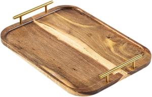 Plateau de service multifonctionnel en bois d'acacia de qualité commerciale, écologique, avec poignées métalliques, design rectangulaire rustique pour la maison - Product Image 5