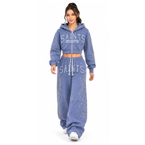 Ensemble de survêtement bleu à capuche pour femme avec logo Saints en strass, sweat-shirt et pantalon décontractés à manches longues coupe ample, idéal pour l'automne - Product Image 2