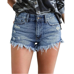 Shorts de mezclilla desgastados para mujer al por mayor, con cintura alta, diseño sin roturas en las rodillas, lavado vintage, logotipo personalizado - Product Image 6