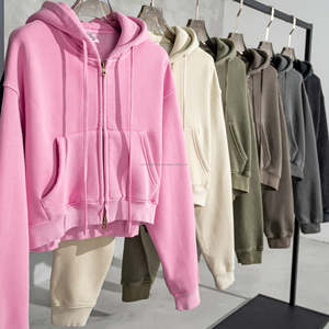 Vente en gros Sweat à capuche en molleton délavé à double fermeture éclair de haute qualité pour femmes Logo personnalisé Sweat-shirt de couleur unie Sweat-shirt court à capuche - Product Image 2