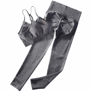 Women's Yoga Set 2 Piece High Waist <b>Leggings</b> <b>With</b> <b>Pockets</b> Racerback Sports Bra Seamless Full Length Solid Gray Workout Wear - Product Image 2