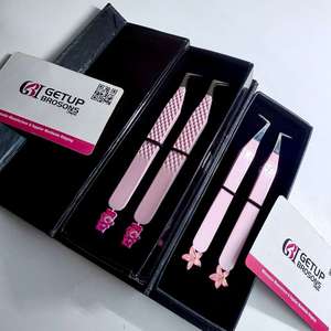 High Quality Custom Lilly Flower/ Teady <b>Bear</b> Cutout <b>Pink</b> Color 90 Boot Stainless Steel Eyelash Tweezers Smooth Silver Tip - Product Image 5