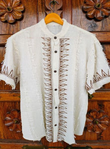 เสื้อเชิ้ตผ้าฝ้ายทอลายบล็อกพิมพ์ลายสำหรับผู้ชาย แต่งขอบด้วยพู่มีเท็กซ์เจอร์ สีสันตามสั่ง - Product Image 4