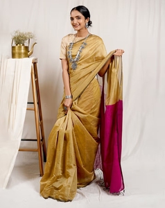Sari en coton et soie Khadi KV Luminous Golden & Pink avec blouse non cousue - Product Image 1