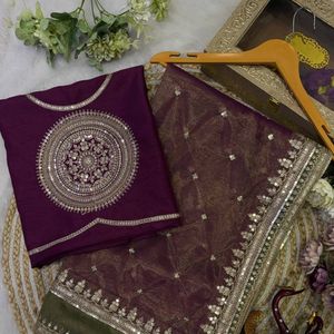 Sari Bollywood de créateur avec broderie de paillettes et chemisier en Banglori uni - Product Image 5