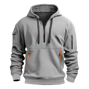 Sweat-shirt à capuche blanc pour homme avec fermeture éclair orange sur les poches, coupe décontractée, idéal pour l'automne - Product Image 3
