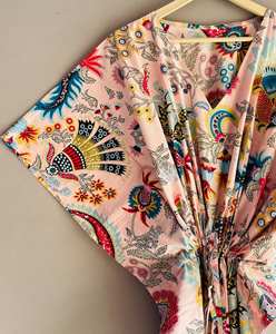 Robe Kaftan Élégante Vintage Coupe A-Line Ample Longueur Genou en Coton pour Femme, Manches 3/4, Col en V, Imprimé Floral, Dentelle Respirante - Product Image 1