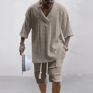 2026 Spring and Summer Casual Shorts <b>Set</b> <b>Knitted</b> Two Piece Men V neck Short Sleeve T shirt and Shorts Unforgettable Moments - Product Image 3