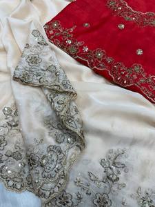 Rangoli Silk Sequin Saree Elegant Embroidery Rangoli Saree Banglori <b>Blouse</b> Party Wear Saree fabulous White saree with <b>red</b> <b>Blouse</b> - Product Image 6
