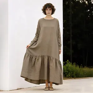 Vestido Maxi Bohemio Holgado para Mujer, Manga Larga, Algodón y Lino, Cuello Redondo, Estilo Casual Minimalista - Product Image 1