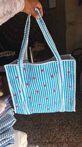 Nouveau sac fourre-tout matelassé bohème bleu uni pour femme, écologique, vintage, durable, pour le shopping et les voyages, ouvert - Product Image 2