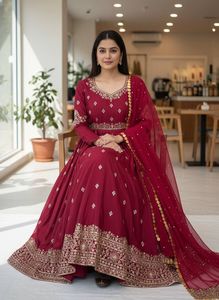 Red <b>Colour</b> Gown <b>Set</b> for Women Elegant Ethnic Wear with Dupatta Perfect for Wedding Festive Party and Special Occasions - Product Image 4