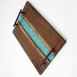 ถาดเสิร์ฟงานแต่งงานไม้วอลนัทหรูหราเคลือบเรซิ่น พร้อมหูจับโลหะ ทำด้วยมือจากอีพ็อกซี่เรซิ่น ลายเรขาคณิต - Product Image 3