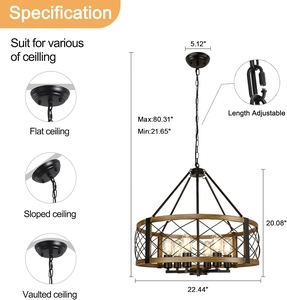 Lustre Tambour Moderne Style Ferme Rustique en Bois et Métal, Suspension Industrielle Cage, Lampe Suspendue Vintage Ronde - Product Image 2