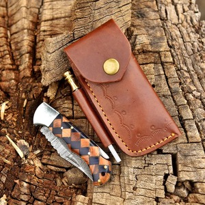 Couteau pliant en acier Damas Viking Art FH-10, manche en bois et résine, fait main, pointe tombante, 8,5 pouces, étui en cuir, DIY OEM, extérieur, EDC - Product Image 4