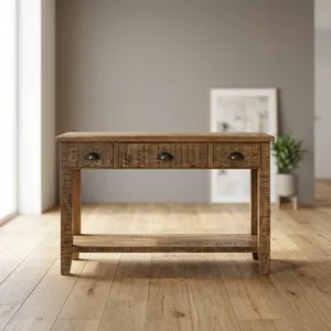 Console rustique en bois à 3 tiroirs avec étagère ouverte et finition naturelle pour salon et entrée - Product Image 2