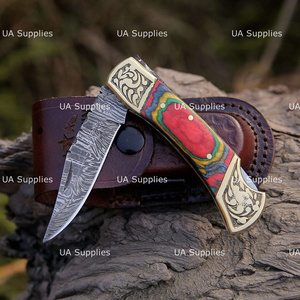 Custom Handmade Hunting Damascus Steel Straight Back <b>Lock</b> Folding Knife Leather Sheath Rainbow Wood Brass Engraved Accents OEM - Product Image 3