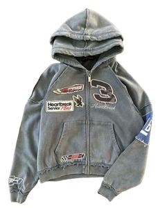 Sweat à capuche avec point réversible personnalisé Applique en détresse Broderie Stone Wash Sweat à capuche double à capuche surdimensionné avec fermeture éclair - Product Image 5