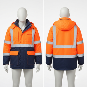 300 Grams Heavy Duty Polyester Safety Work <b>Jacket</b> Winter Washed Button Front Hooded Orange Reflective Panel Custom Print - Product Image 4