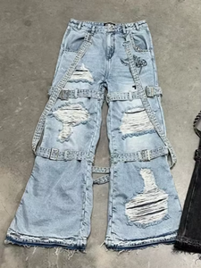 2026 HaiYao High Quality Custom <b>Jeans</b> Ripped Distressed Rivet Wide Leg Streetwear Hiphop Y2K OEM ODM Cotton Men's Denim <b>Jeans</b> - Product Image 3