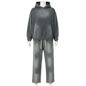 Ensemble de survêtement en molleton de coton délavé pour homme – Sweat à capuche et pantalon de couleur unie, respirant, pull chaud pour l'hiver - Product Image 3