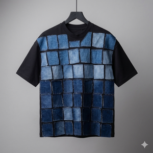 Custom Men Oversized Black T Shirt Denim Patchwork Detail Raw <b>Edge</b> Distressed <b>Square</b> Geometry Heavyweight Cotton Tee Streetwear - Product Image 4