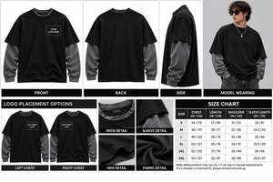 Men's Oversized <b>Black</b> <b>T</b>-<b>Shirt</b> With Contrast Gray <b>Sleeve</b> And Front Logo Print Casual O-Neck Jersey Cotton Short <b>Sleeve</b> Top - Product Image 4