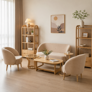 Conjunto de Sofá Moderno de Madera Curvada con Tapicería Beige, Diseño Escandinavo para Sala de Estar, Acabado Mate Ecológico - Product Image 1