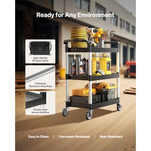 Carrello Utilitario in Plastica a 3 Ripiani con Capacità di Carico di 136 Kg, Ruote Girevoli a 360 Gradi con 2 Freni, 62 x 41 cm - Product Image 2