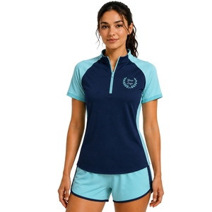 Ensemble de t-shirt et short de sport pour femme bleu marine et aqua, à demi-zip, séchage rapide, manches courtes, vêtements de sport, gym, fitness, course à pied, entraînement - Product Image 1