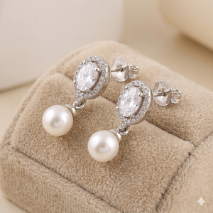 Boucles d'oreilles pendantes en argent sterling 925 avec perle taille poire et halo ovale, style vintage, pour mariée, fiançailles, mariage, luxe - Product Image 2