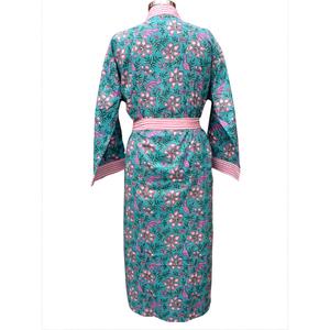 Robe kimono longue en coton 100% pour femme indienne, col en V, ouverte sur le devant, rayures roses, poche avec ceinture de fermeture, tenue décontractée d'été - Product Image 6