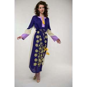 Women <b>Boho</b> Cotton Embroidered Maxi <b>Dress</b> Purple Floral Long Sleeve Tie Waist Ethnic Kaftan Loose Fit <b>Summer</b> <b>Dress</b> - Product Image 2