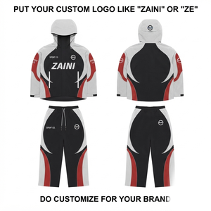 Ensemble de survêtement coupe-vent d'hiver respirant ZAINI Premium 110 GSM en polyester/nylon avec capuche, logo personnalisé sur le devant, noir/blanc/rouge - Product Image 1