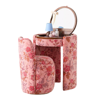 Coiffeuse rose velours avec miroir, table de toilette ronde rembourrée et chaises, ensemble couleur personnalisée, fournisseur de luxe moderne en bois de chêne