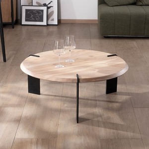 Vandana Golden Living <b>round</b> designer <b>coffee</b> <b>table</b> in acacia wood with 3 <b>black</b> metal legs - Product Image 4