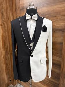 Costume de smoking 3 pièces pour homme, noir et blanc, sur mesure |   Costume de marié slim fit |   Blazer de soirée sur mesure à revers châle pour dîner formel - Product Image 3