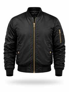 Blouson bomber noir pour homme, fermeture éclair, coupe décontractée, coupe-vent, en polyester, pour l'automne, col rabattu, coupe classique - Product Image 1
