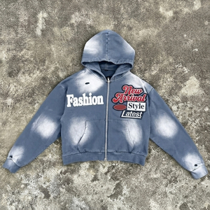 Sudadera con capucha y cremallera para hombre, diseño moderno, colección de invierno, lavado ácido, en tejido French Terry, con efecto desgastado por el sol, en diferentes tallas, bajo pedido mínimo. - Product Image 4