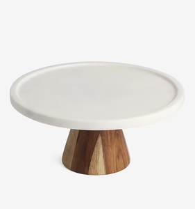 Plateau à gâteau en bois et marbre, plateau à gâteau en marbre blanc avec base en bois naturel cannelé à prix avantageux - Product Image 2