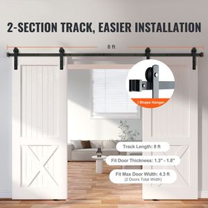 Kit Ferramenta per Porta Scorrevole a Binario da 2,4 m (8FT) per Carichi Pesanti, 150 kg (330 libbre), per Bagno, Adatto a Porte Doppie fino a 1,15 m (3.7FT) o 1,35 m (4.3FT) di Larghezza, Binario da 3,3 cm (1.3") o 2,5 cm (1.0") di Diametro - Product Image 2