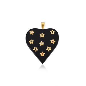 Stunning Celestial <b>Black</b> Onyx <b>Heart</b> Pendant Gold Star Inlay Luxury Statement Jewelry - Product Image 1