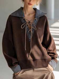 ONETEN APPARELS <b>Women's</b> Brown Lace Up Sweatshirt Denim Turn Down Collar Drop Shoulder Casual Pullover - Product Image 5