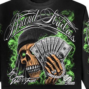 Men's Long Sleeve Crop <b>Top</b> <b>Skull</b> Money Print Streetwear Oversized O-Neck Knitted Polyester T-Shirt - Product Image 5